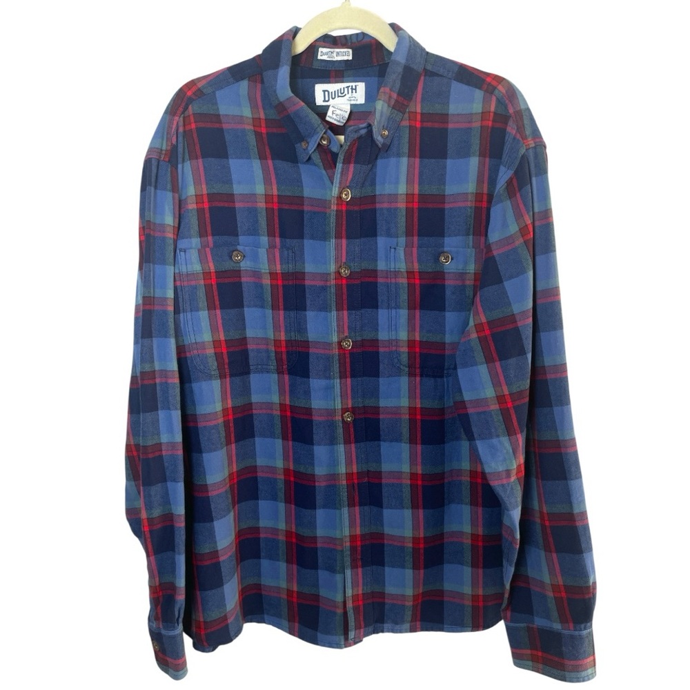 Duluth Trading Co Mens Large Free Swingin Flannel Shirt Blue Red Plaid Workwear